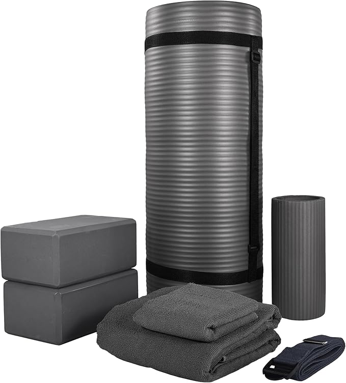 BalanceFrom 7-Piece Yoga Set with 71x24x1 Inches Extra Thick Mat and Carrying Sling – Includes 2 Blocks, Stretch Strap, 2 Towels, and Knee Pad for Home, Studio, and Gym Workouts