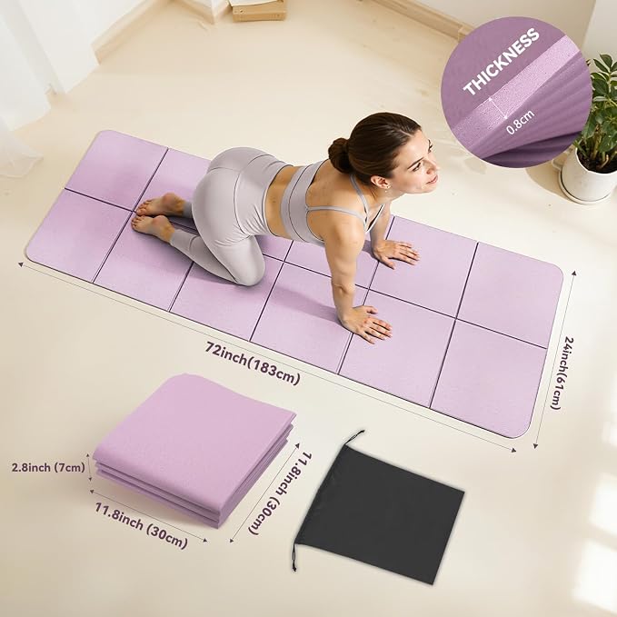 Foldable Yoga Mat Thick Non-Slip Exercise Mat | Packable Travel Fitness Mat, Carrying Bag Included, For Yoga, Pilates, Workout, Home & Gym Use