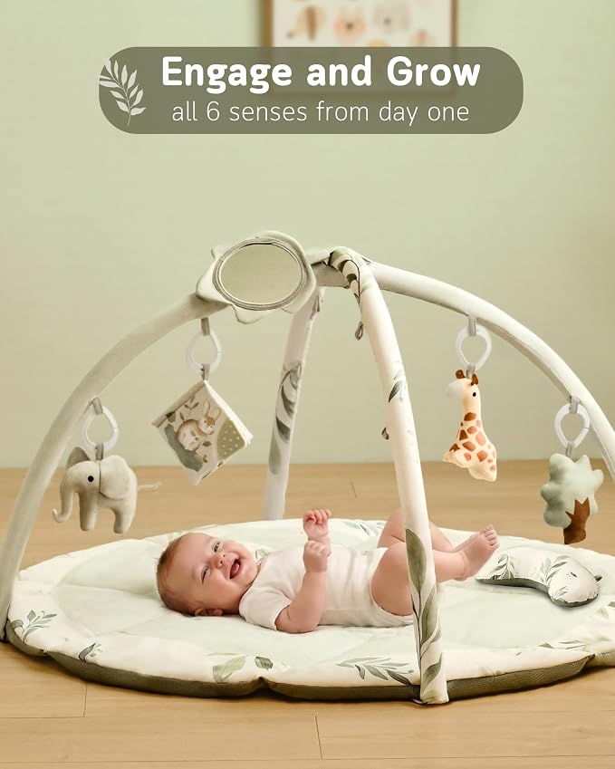 Baby Play Gym & Mat, Tummy Time Mat for Babies 0-12 Months, Green | Machine-Washable Foldable Activity Mat with 5 Detachable Toys; Certified Safe Newborn Essentials Gift for Baby Registry