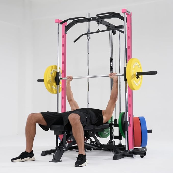 RitFit Smith Machine Power Rack with LAT-Pull Down System | Half Smith Machine with Landmine, Barbell Bar, Plate Storage Pegs and More Training Attachment