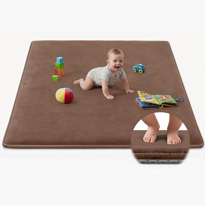 Baby Play Mat for Floor,Ultra Thick Elastic Foam 47"x47" Playmat Tummy Time Muscle Crawling Exercise Activity Cushion Gym Mat Nursery Playroom Area Kids Rug for Babies, Toddlers,Infants,Reddish Brown