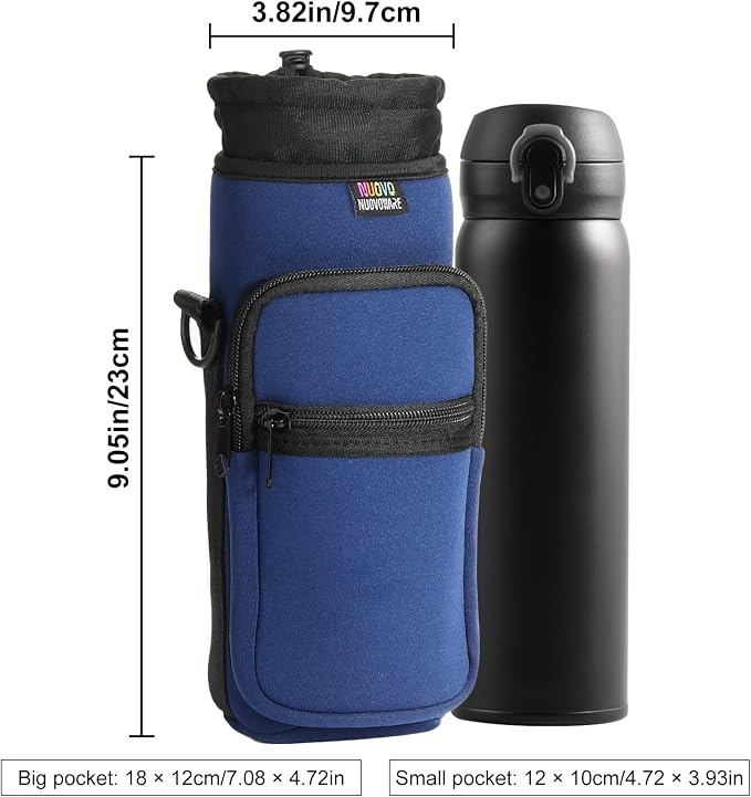 Nuovoware Water Bottle Carrier Bag, 40oz Neoprene Bottle Pouch Holder with Adjustable Shoulder and Hand Strap, 2 Pocket Sling Sleeve for Hiking Travelling Camping Jogging Cycling, Indigo Dark