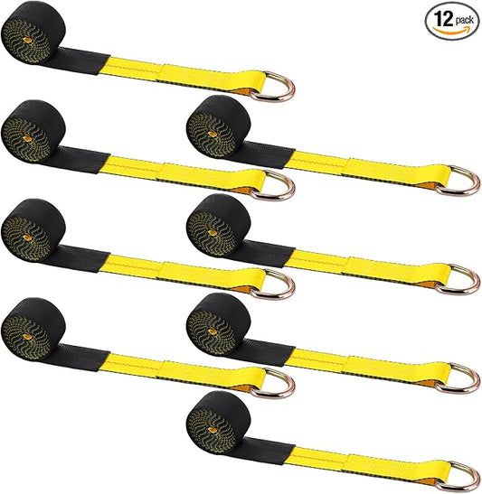 12 Pack 2" x 12ft Lasso Tow Truck Straps with D Ring 11, 000 Lbs Break Strength D Ring Auto Tie Down Wheel Lift Trailer Strap for Hauling Utv SUV Wrecker Rollback (Yellow)