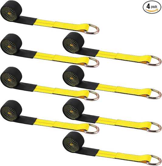 4 Pack 2" x 12ft Lasso Tow Truck Straps with D Ring 11, 000 Lbs Break Strength D Ring Auto Tie Down Wheel Lift Trailer Strap for Hauling Utv SUV Wrecker Rollback (Yellow)
