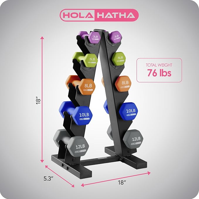 HolaHatha 1, 2 and 3 lb Neoprene Dumbbell Strength Training Weight Set with Rack