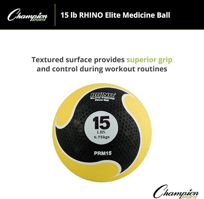 Champion Sports Rhino Elite Medicine Ball – Textured Surface, Superior Grip, Hollow Synthetic Rubber for Consistent Bounce & Durability, Multiple Weights & Colors - Optional Rebounder Sold Separately