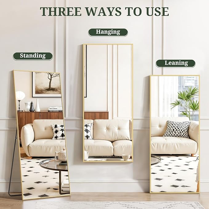 Mirror Full Length 56"x21", Rectangle Full Body Floor Mirrors with Stand | Shatterproof Glass, Aluminum Alloy Frame, Free Standing, Wall Mounted or Leaning for Bedroom Living Room Entryway