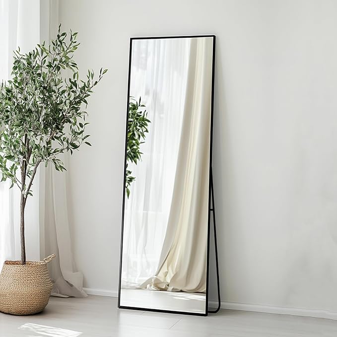 Full Length Mirror 56x16 inch, Black Full Body Mirror, Metal Frame | Matte Black Metal Frame, No Distortion Mirror, Rust-proof, Standing Mirrors for Bedroom, Livingroom, Cloakroom, Hallway