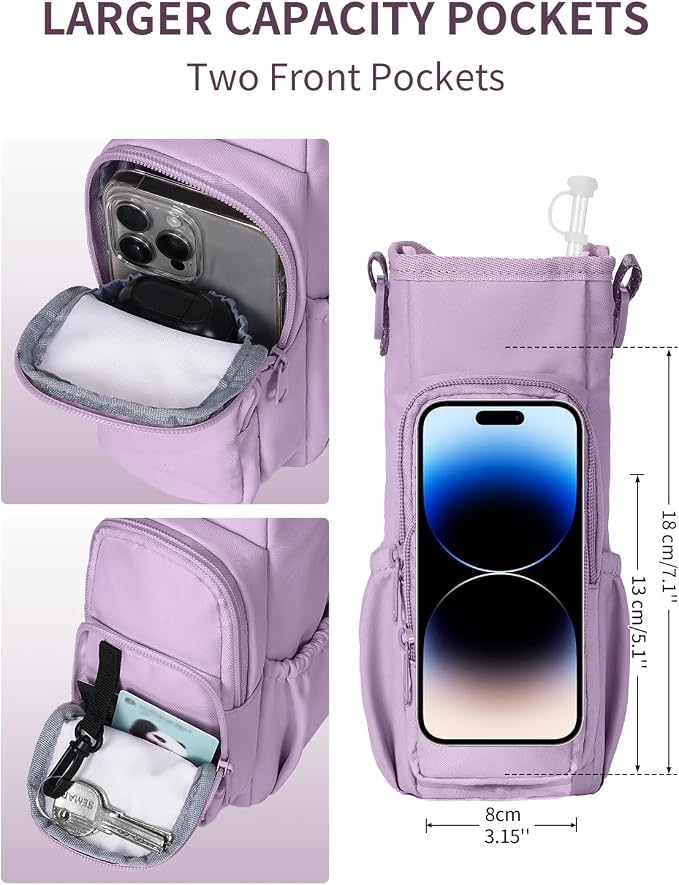 sportsnew 30/40oz Crossbody Water Bottle Holder Anti-Tip Tumbler Carrier | Lightweight Bottle Sling Fits Handled Tumbler w/ Phone Pocket, Adjustable Strap, Insulated Lining, Hands-free for Hiking Gym