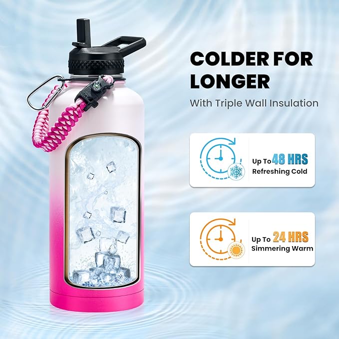 RAYMYLO Insulated Water Bottle 87 oz, Triple Wall Vacuum Stainless Steel | Cold for 48 Hrs), Leak Proof & Non-BPA, Modern Water Flask Jug with Paracord Handle & Straw Spout Lids, Ombre Pink