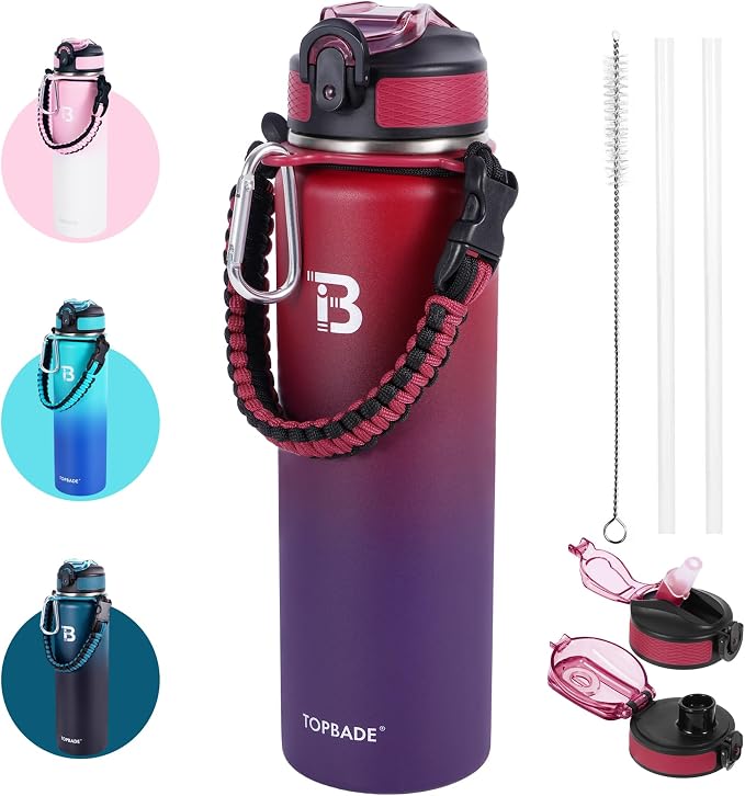 TOPBADE 32oz Insulated Water Bottle with Straw Lid & Spout Lid & Paracord Handle, Stainless Steel Water Bottle Wide Mouth, Double Wall for Women Men Gym Fitness Outdoor