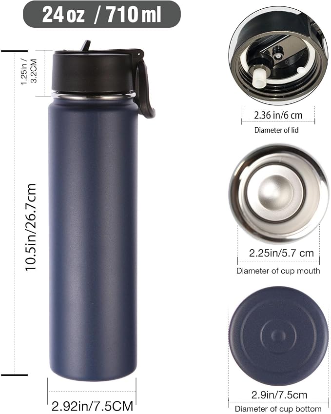 Volhoply 24oz Insulated Water Bottle With Straw Bulk 3 Pack,Metal Wide Mouth Water Bottles With Handle Lid Keep Cold,Reusable Double Wall Cups,Powder Coated Sport Bottle For Holder(Navy,3 Count)