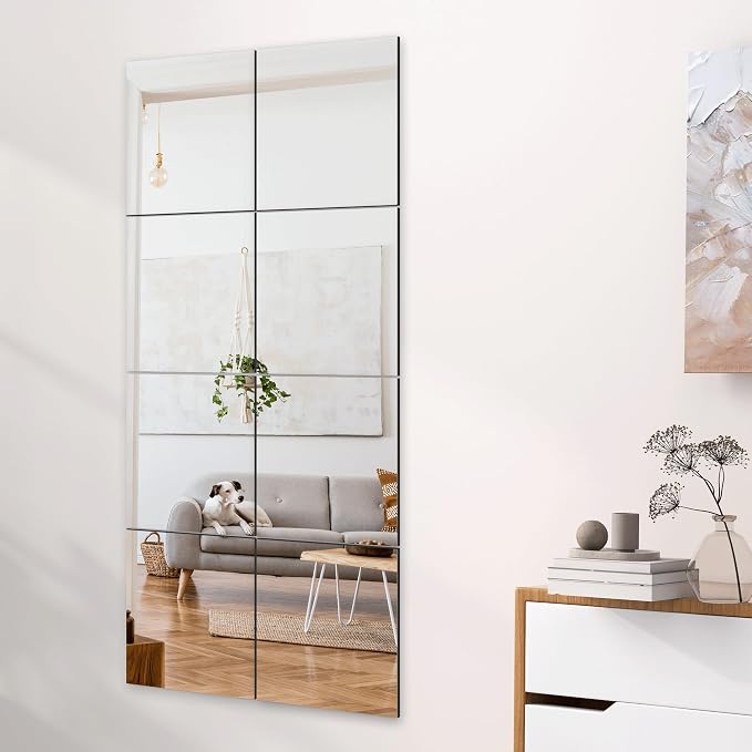TRAHOME Home Gym Mirror Tiles for Wall, 14"x12"x4PCS Full Length Mirror | HD Tempered Glass, Frameless Workout Mirror for Garage, Bedroom, Living Room, Over The Door