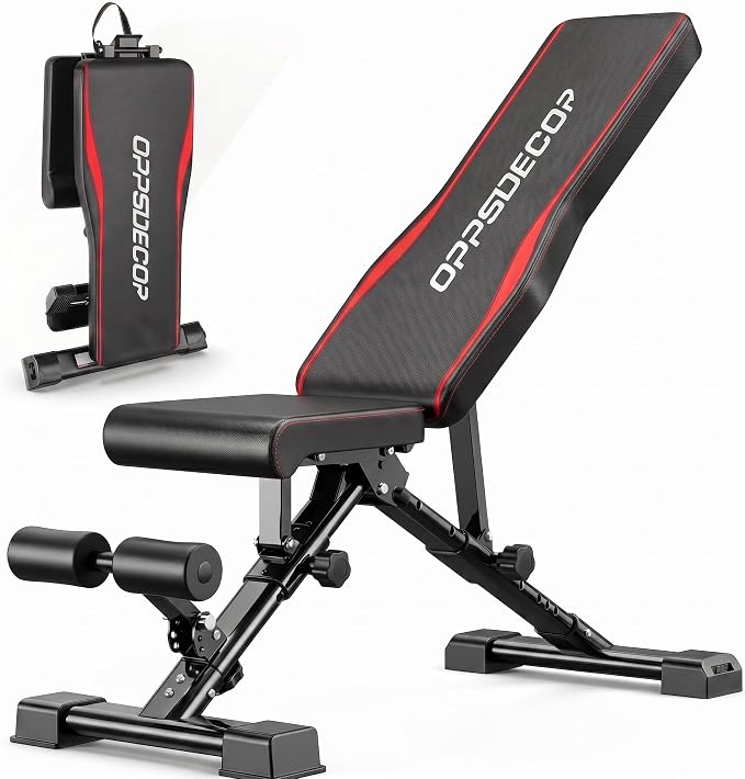 OPPSDECOR Adjustable Weight Bench, 900LBS Foldable Workout Bench | 8+4+2 Positions, 18.5in Seat Height, 20in Rear Base, Folds to 33x8x12in, Flat Incline Decline Bench Press, Under 1-Min Setup