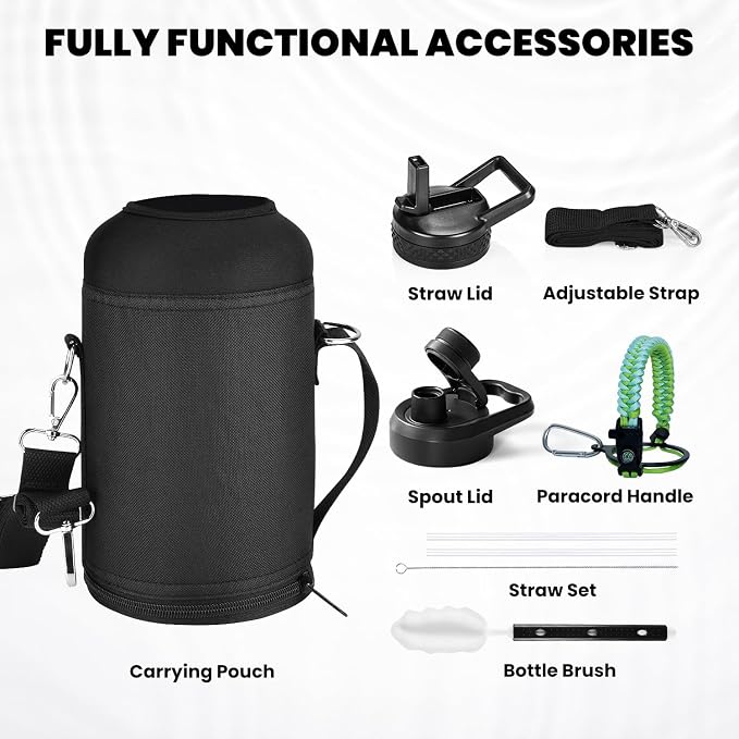 RAYMYLO Insulated Water Bottle 64 oz, Triple Wall Vacuum Stainless Steel | (Cold for 48 Hrs), Leak Proof & Non-BPA, Half Gallon Water Flask Jug with Paracord Handle & Straw Spout Lids