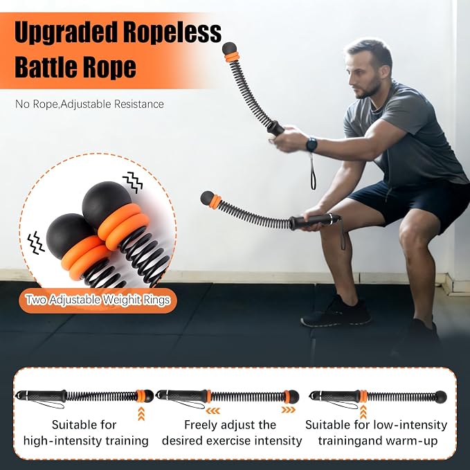 Portable Ropeless Battle Ropes, Adjustable Weights Cordless Battle Ropes. | Adjustable Weights,Cordless,With Storage Bag and Training Poster, Workout Rope for Strength, HIIT and Low-Impact Training