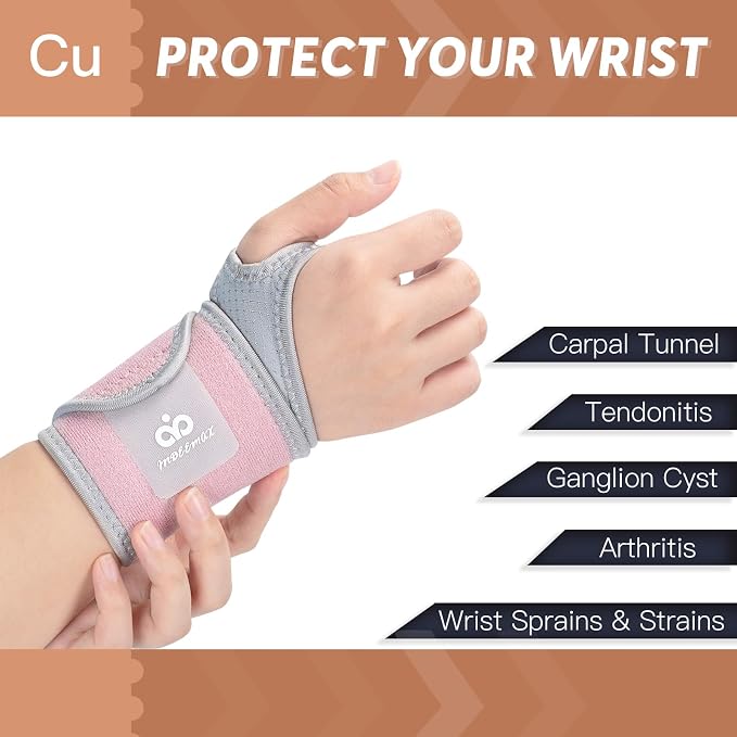 Copper Carpal Tunnel Wrist Brace, 2 Pack Wrist Support Wraps for Men Women, Adjustable Compression Wrist Brace for Tendonitis, Pain Relief, Arthritis, Sports, Work, Sleeping, Both Hands, Pink