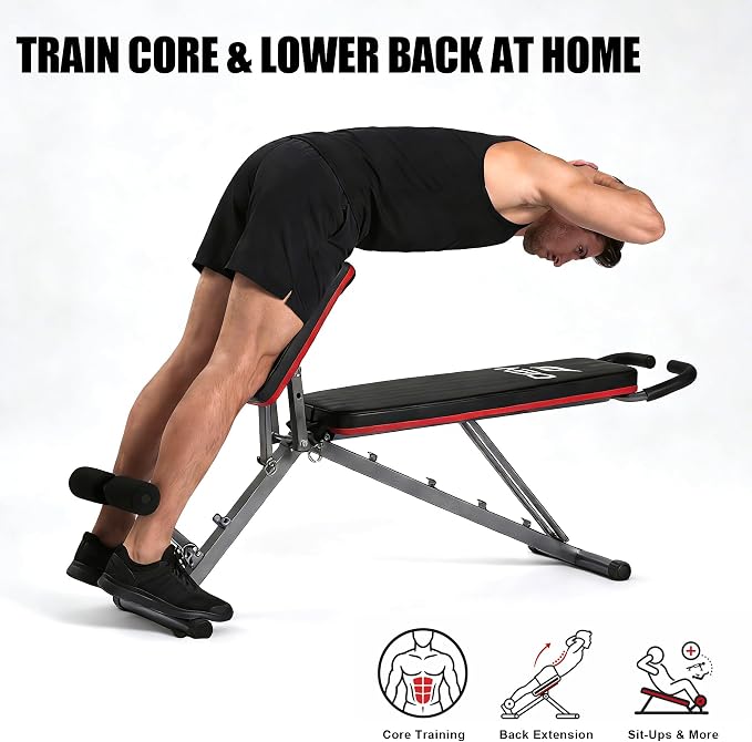 Adjustable Exercise Chair for Home Gym – Foldable Back Extension Bench for Core, Hip & Lower Back Workout – Multi-Functional Hyperextension Bench for Full-Body Exercise（with Illustrated Training Action Guide）