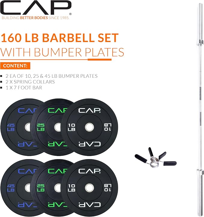 CAP Barbell Olympic Weight Set with 7ft Barbell & Bumper Plates | 160-370 lbs | Multiple Options