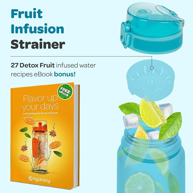 Hydracy Motivational Water Bottle with Time Marker & Fruit Infuser 32 oz | BPA-Free Tritan, Leakproof Flip-Top Lid,No-Sweat Sleeve,Carry Strap,Daily Intake Tracking for Gym,Sports,Outdoors