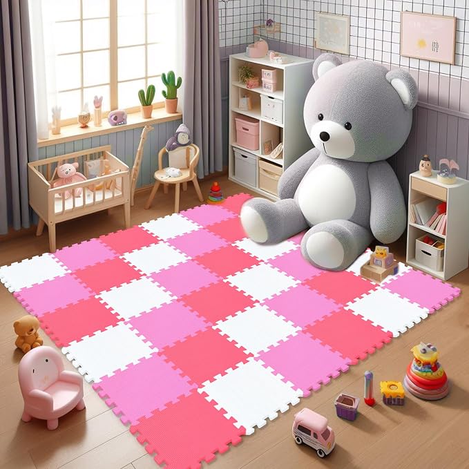 qqpp EVA Rubber 18 Tiles Interlocking Puzzle Foam Floor Mats - Baby Play Mat for Playing | Exercise Mat for Home Workout. White, Pink, Red. QC-ACIb18N