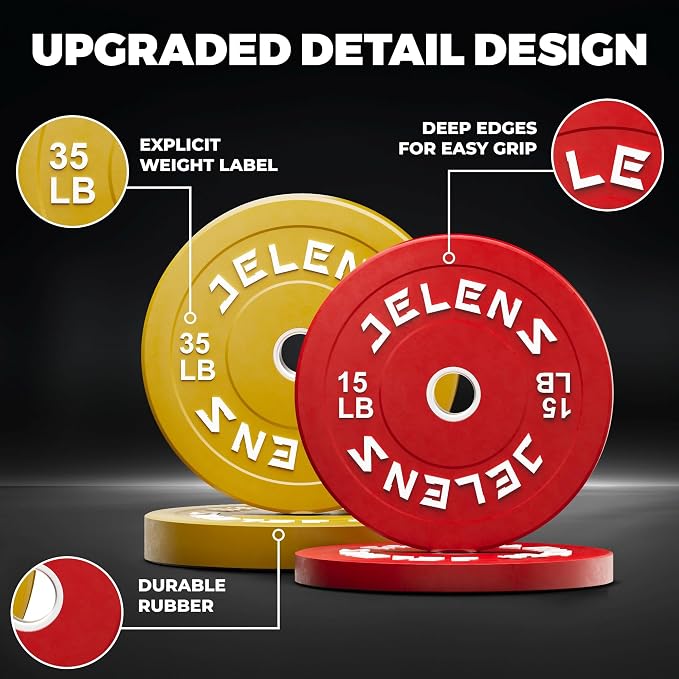 JELENS Olympic Barbell Weight Plates Set, 2-Inch Black/Colored Rubber Bumper Plate Weight Set for Strength Training and Weightlifting, Multiple Options