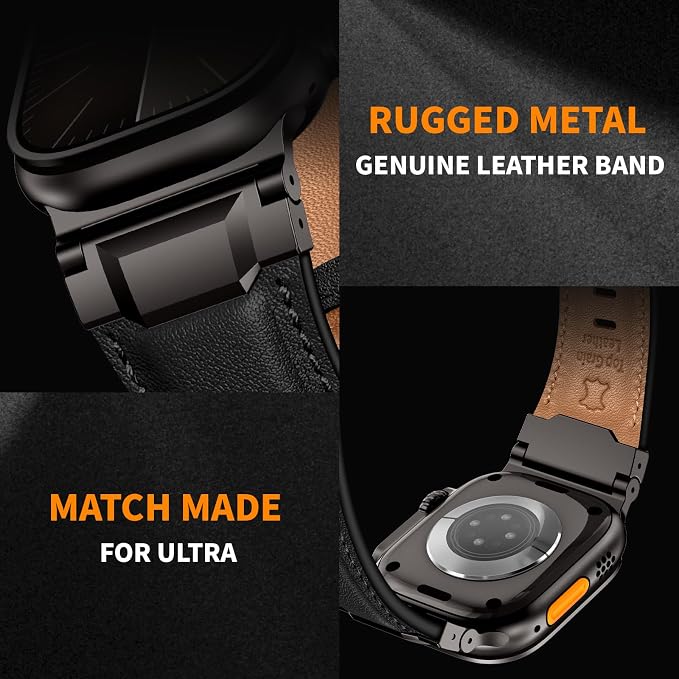 Bands Compatible with Apple Watch Ultra 3/2/1 Band 49/46/45/44mm | Genuine Leather Metal Connector Strap for iWatch Ultra Series 11/10/9/8/7/SE/6/5/4/3/2/1, Black/Black