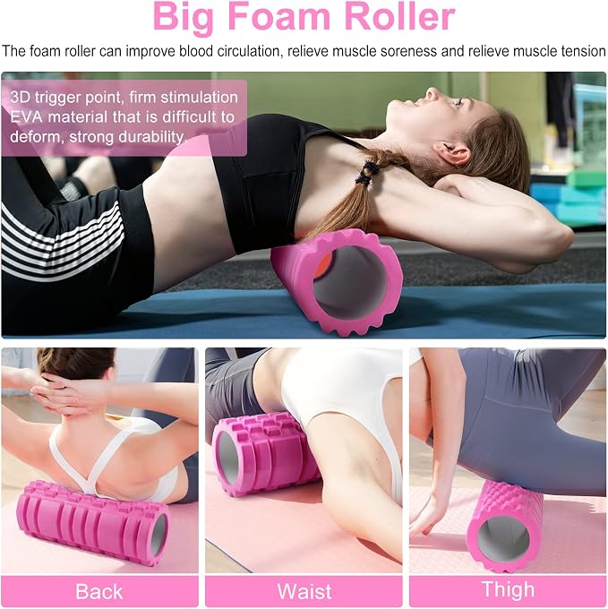 Aucuu 6 in 1 Foam Roller Set Includes Hollow Core Massage Roller, Yoga Stick, Massage Ball, Fitness Stretching Strap, Carrying Bag, Towel, Massage Roller (Pink)