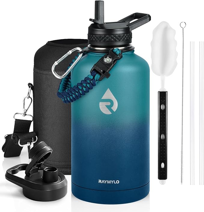 RAYMYLO Insulated Water Bottle 64 oz, Triple Wall Vacuum Stainless Steel (Cold for 48 Hrs), Leak Proof & Non-BPA, Half Gallon Water Flask Jug with Paracord Handle & Straw Spout Lids, Cyan Blue | (Cold for 48 Hrs), Leak Proof & Non-BPA, Half Gallon Wate...