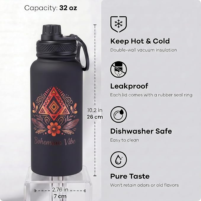 Black Insulated 32 oz Metal Leakproof Water Bottle | 1 Liters Stainless Steel Water Flask, Big Sports Travel Mens Water Bottle for Gym,Hiking,Large Thermal Bottle with 2 Lids