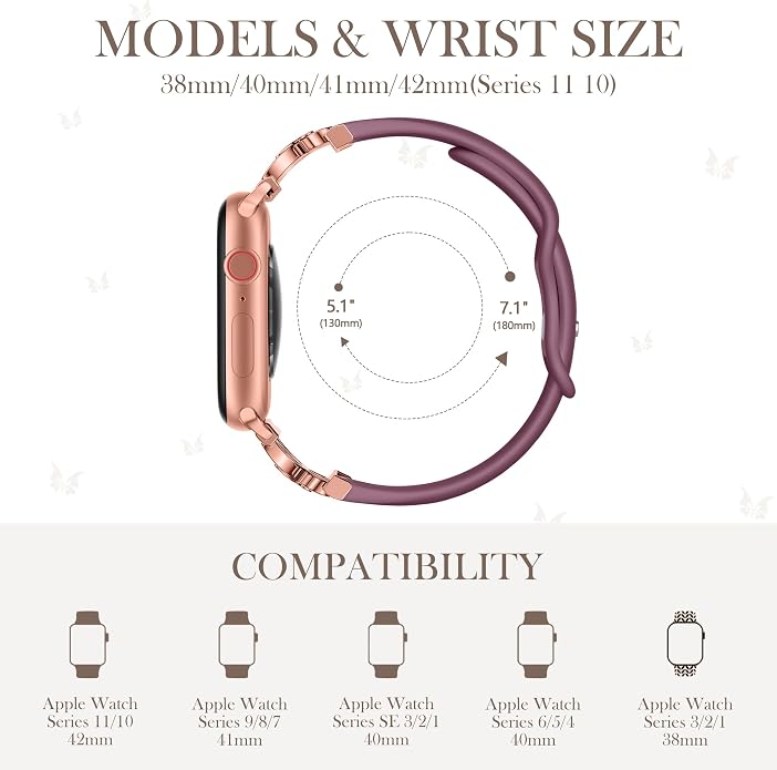 Lerobo Slim Silicone Band Compatible with Apple Watch Bands for Women | Dressy Metal Butterfly 16mm Thin Strap for iWatch Series 11 10 9 8 7 6 5 4 SE Ultra 38mm 40mm 41mm 42mm 44mm 45mm 46mm 49mm