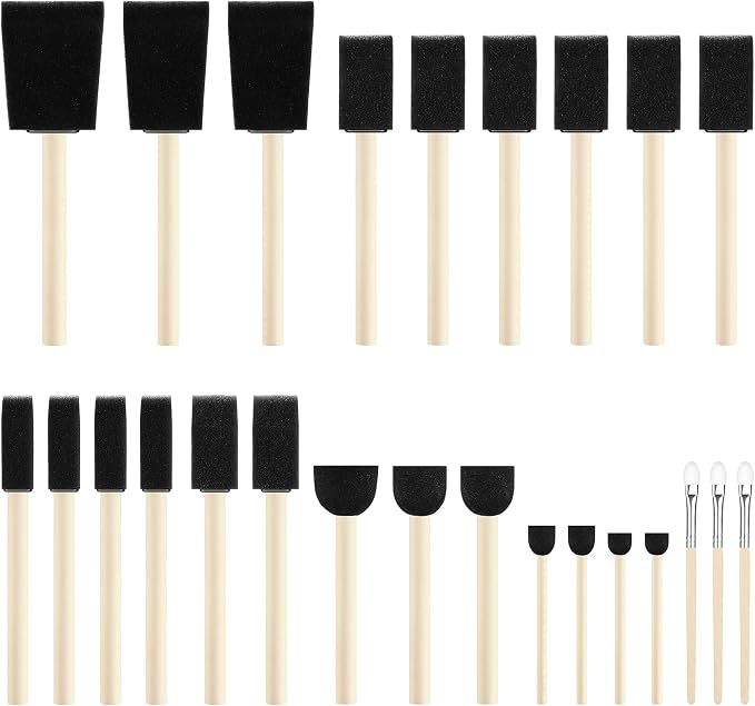 XDT Foam Paint Brushes Bulk Set - 25Pack Sponge Brushes with Wood Handles for Acrylic Painting, Wood Staining, Mod Podge, Glue & Crafts - Disposable Assorted Sizes Paintbrush