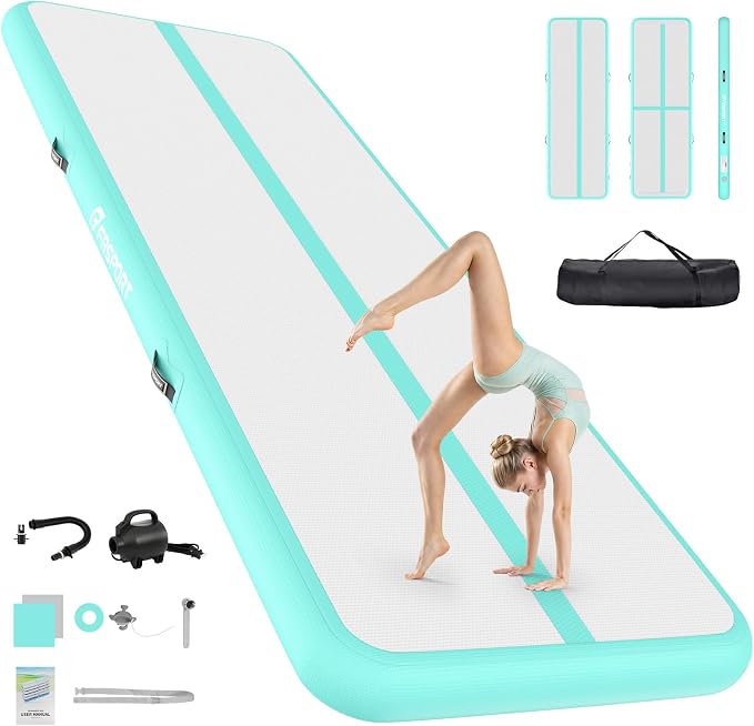 FBSPORT 6.6ft/10ft/13ft/16ft/20ft Inflatable Air Gymnastics Training Mat | 4/6/8 inches Thickness Inflatable Mat, with Electric Pump, Suitable for Home Training/Cheerleading/Yoga/Water