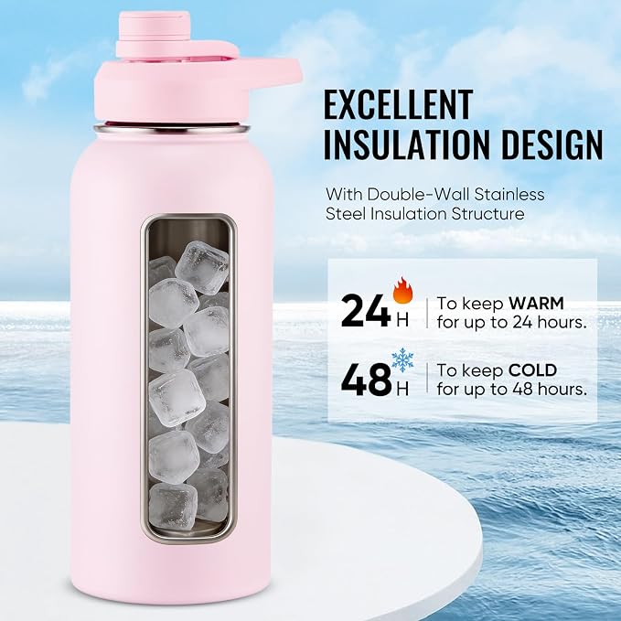 Fijinhom Insulated Water Bottle with Handle, 304 Stainless Steel Water Bottles with Wide Mouth, Double Wall Vacuum Sports Water Bottle, BPA Free, Keep Cold and Hot, 32 Ounces Pink