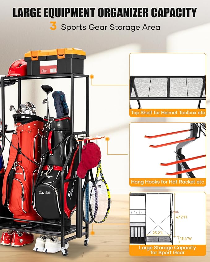 EXTCCT Garage Sports Equipment Organizer with Wheels - Golf Bag Storage Rack and Ball Storage Bins, Heavy Duty Rolling Garage Organizer System with Basket and Hooks for Indoor (Black-Large)