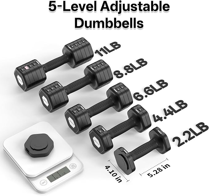 JOROTO 5-in-1 Adjustable Dumbbell Set, 8LB/11LB Pair Adjustable Weights for Women at Home, 1s-Adjust Dual Locking Stable Hand Weights with TPE Soft Handle, Home Gym, Rehab, Pilates, Yoga, Strength Training