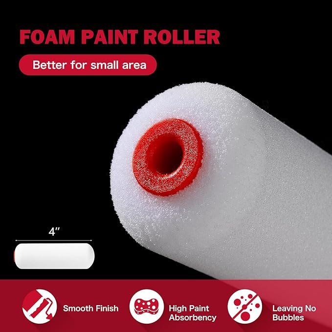 Mister Rui 4 Inch Foam Paint Roller Kit with Tray, Liners & Brush | High-Density Foam Rollers for Walls, Cabinets and Trim. Includes Magnetic Tray, Liners and Brush – Smooth, Streak-Free Finish