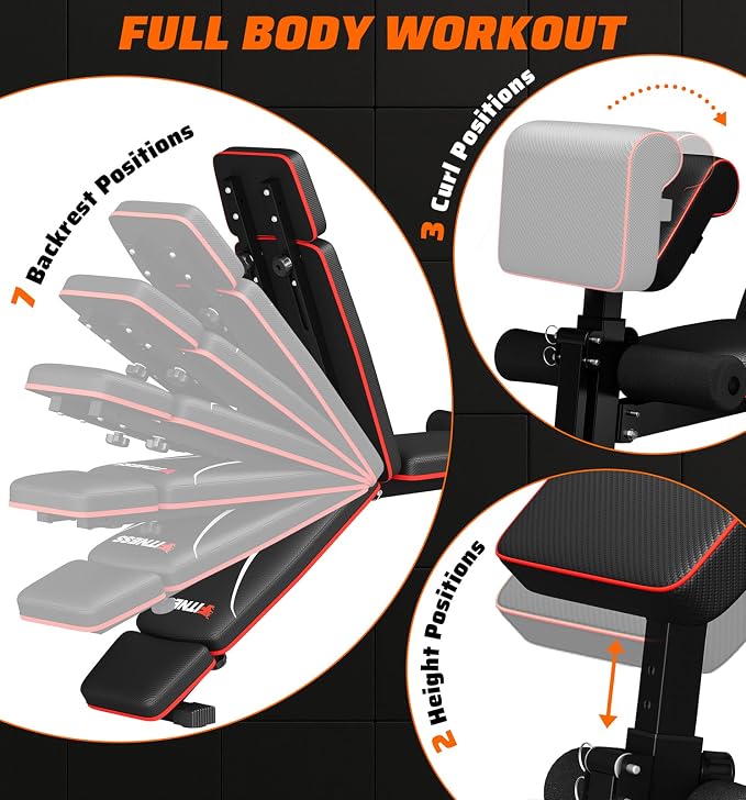Foldable Adjustable Weight Bench with Leg Extension & Preacher Pad for Home Gym, Bench Press for Full Body Workout with Leg Developer, 900Lbs Capacity & Space-Saving Design