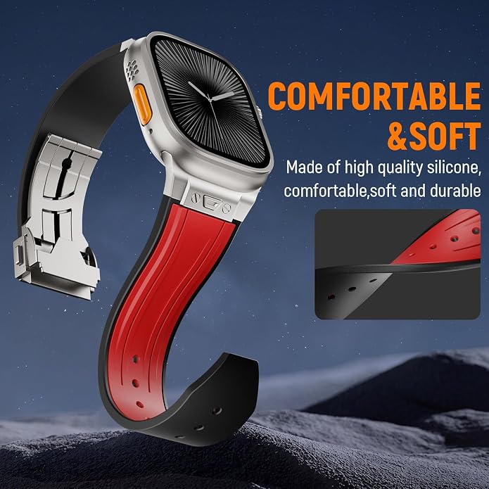 Luxury Watch Band for Apple Watch Ultra 2/Ultra 49-42mm | Metal Connector & Folding Clasp,316L Stainless Steel,Men Silicone Strap Compatible with iWatch Series 10 9 8 7 6 5 4 3 2 1 SE