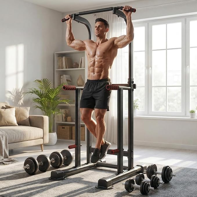 YYJO Foldable Pull Up Bar Free Standing Multi-function Power Tower Dip Bar with Assistance Bands Home Gym Strength Training Equipment
