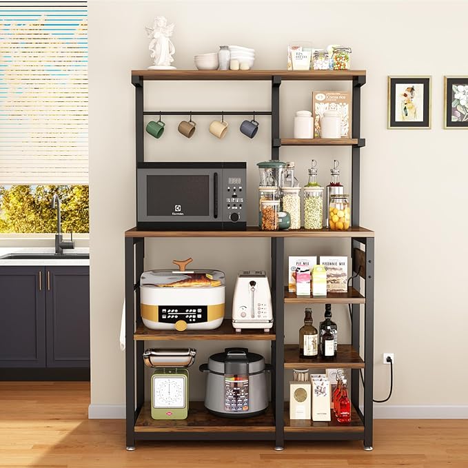 Large Bakers Rack with Power Outlet, Coffee Bar & Microwave Stand | Bakers Rack with Power Outlet, Coffee Bar Station & Microwave Cart, Metal Kitchen Storage Shelf with Wheels