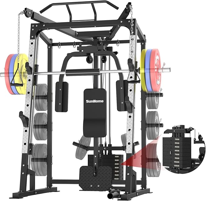 SunHome Smith Machine, 2000LBS Power Cage Squat Rack with Smith Bar, LAT Pull-Down Systems, Cable Crossover Machine for Home Gym
