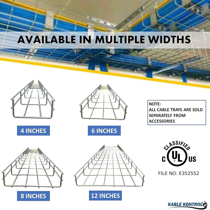 Kable Kontrol L Type Bracket – 8” Width - Wire Mesh Tray Cable Management Rack Cords Organizer Cable Basket, Zinc Plated Steel NEC Approved for Network, Fiber Optic, Cabling Accessory
