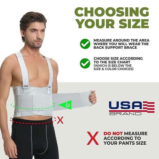 NeoTech Care Back Brace with Suspenders for Work - Industrial Lifting Safety, Elastic Compression, Hook & Loop Closure (Gray, Size M)