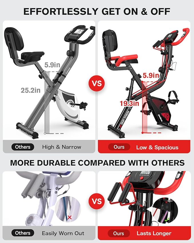 pooboo Folding Exercise Bike, Foldable Upright Stationary Bike, Indoor Cycling Magnetic X-Bike with 8-Level Adjustable Resistance, 6.6 LBS Flywheel, 300LB Capacity, Back Support Cushion for Home Gym