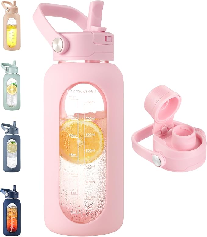 CIVAGO 32 oz Glass Water Bottle with Detachable Straw and Time Maker | Motivational Large Flask Cup with Handle, Leakproof Lids, Wide Mouth, Silicone Sleeve, Tumbler for Juice, Blush