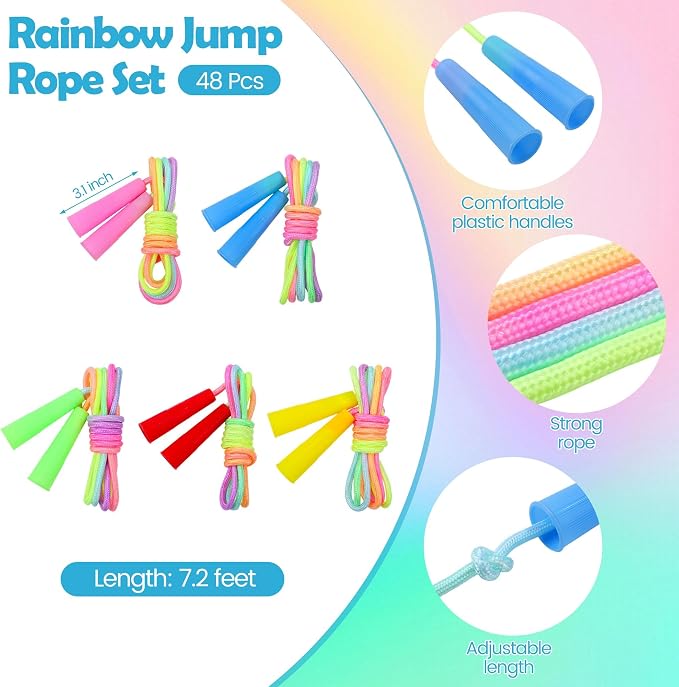 Elcoho 48 Pack Rainbow Jump Rope Set, Colorful Jumping Ropes, Vibrant Skipping Rope for Outdoor Sport Fun Party Favors, 7.2 Feet