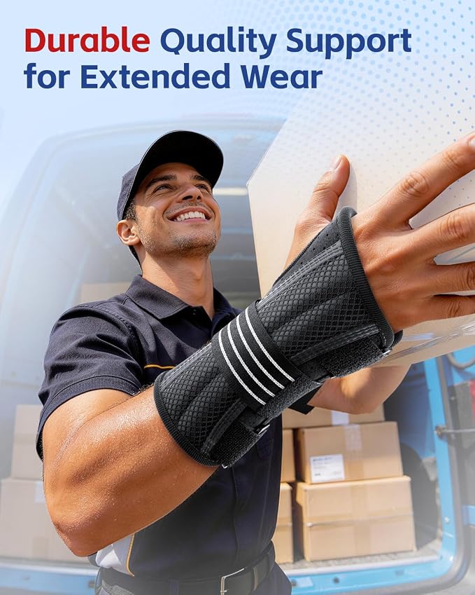 FEATOL Lightweight Carpal Tunnel Wrist Brace for Daily Work, 7 inches Comfortable & Adjustable Night Support for Women Men, Hand Brace With Splint Pain Relief for Tendonitis, Sprains, Arthritis, Right Hand, Large