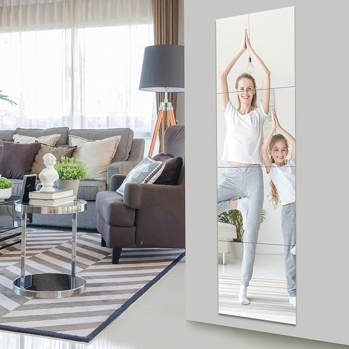 EVENLIVE Large Full Length Home Gym Mirror Tiles 4-Pack 14 Inch | Glass frameless self-adhesive mirror tiles for wall mirror mounted. Home gym accessory, door, bedroom. Easy stick on
