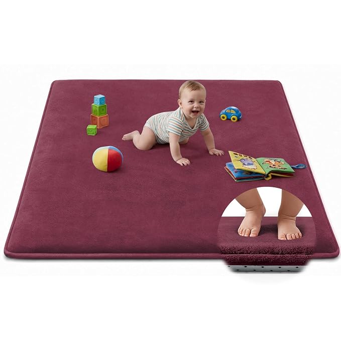 Baby Play Mat for Floor,Ultra Thick Elastic Foam 50"x50" Playmat Tummy Time Muscle Crawling Exercise Activity Cushion Gym Mat Nursery Playroom Area Kids Rug for Babies, Toddlers,Infants,Burgundy